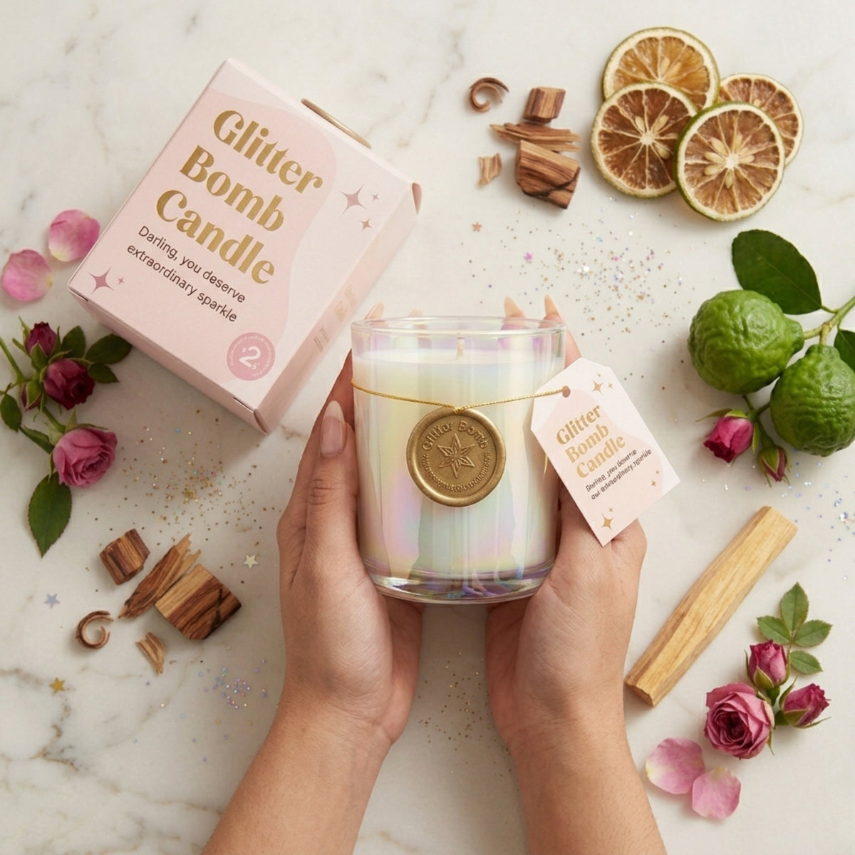 Sparkle-nova | Glitter Bomb™ Luxury Gift Candle in Bergamot, Cedar and Rose 280g BLOOMTINE | Earth Angel HQ