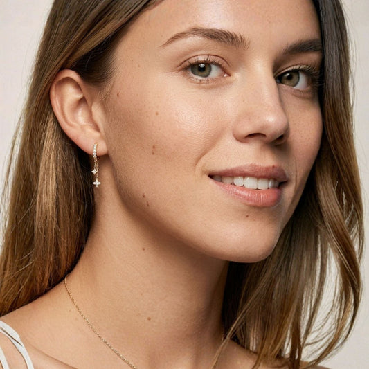 BLOOMTINE Mini Shooting Star silver huggie earrings in rhodium-plated sterling silver. 6mm celestial hoops set with moissanite stars. Tarnish-resistant and meaningful silver earrings for ear stacking. Illuminess™ Mini Gold Vermeil Shooting Star Huggies BLOOMTINE | Earth Angel HQ