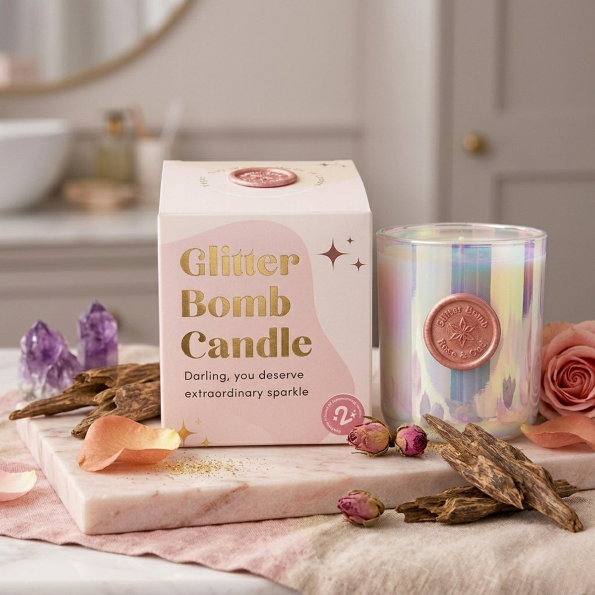 Rose Galaxy | Glitter Bomb™ Luxury Valentine Gift Candle In Rose & Oud 280G BLOOMTINE | Earth Angel HQ