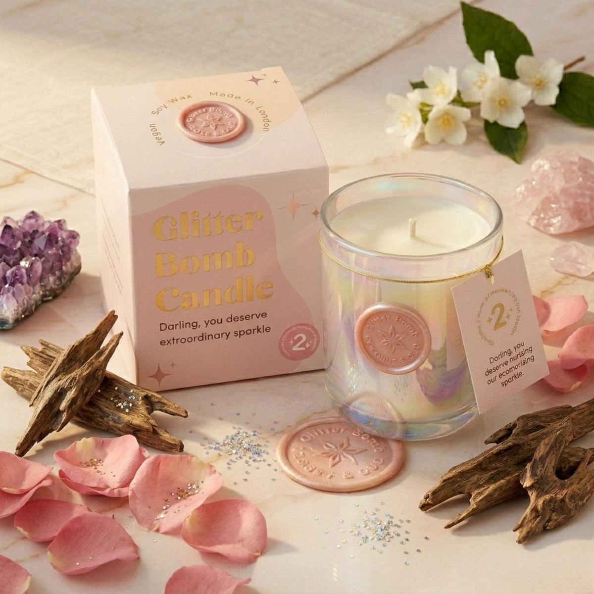 Rose Galaxy | Glitter Bomb™ Luxury Valentine Gift Candle In Rose & Oud 280G BLOOMTINE | Earth Angel HQ
