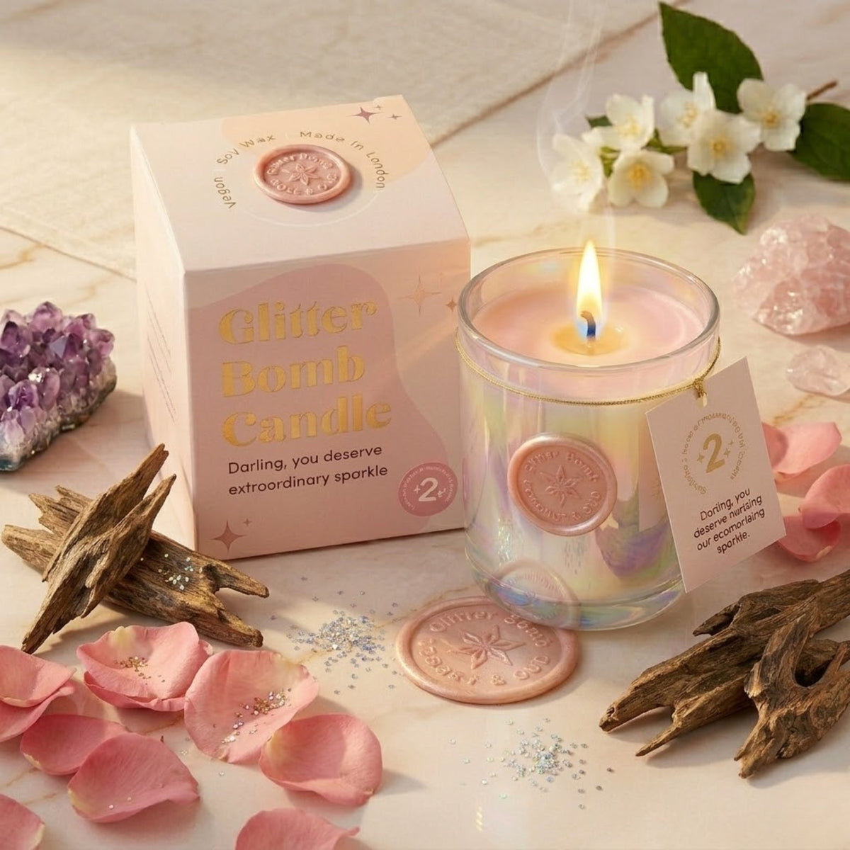 Rose Galaxy | Glitter Bomb™ Luxury Valentine Gift Candle In Rose & Oud 280G BLOOMTINE | Earth Angel HQ