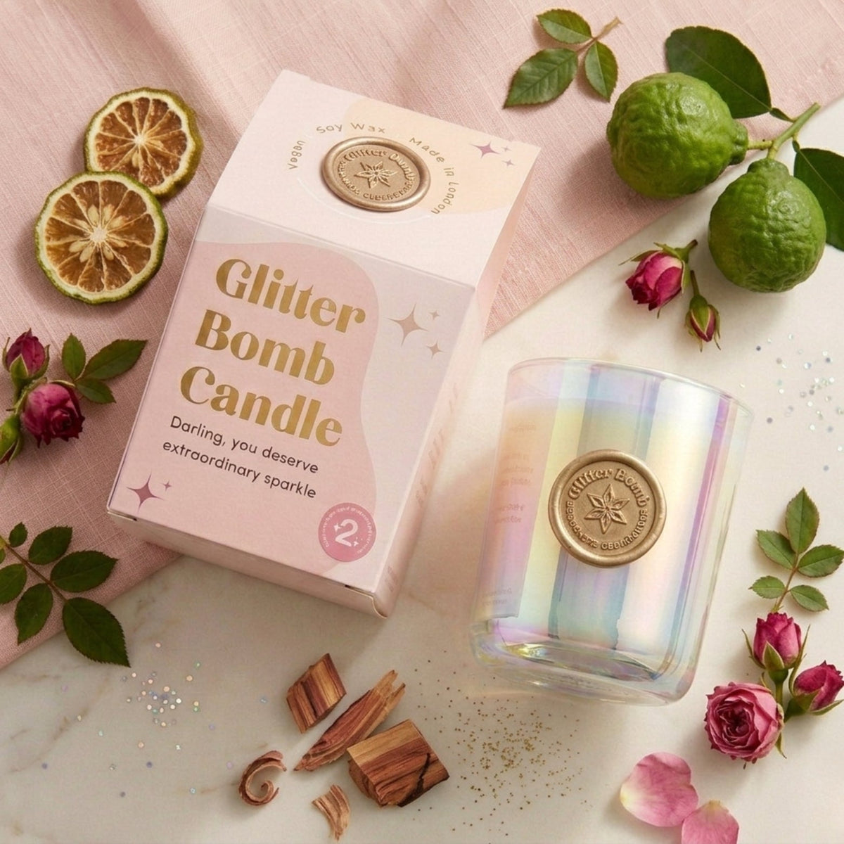 Sparkle-nova | Glitter Bomb™ Luxury Gift Candle in Bergamot, Cedar and Rose 280g BLOOMTINE | Earth Angel HQ