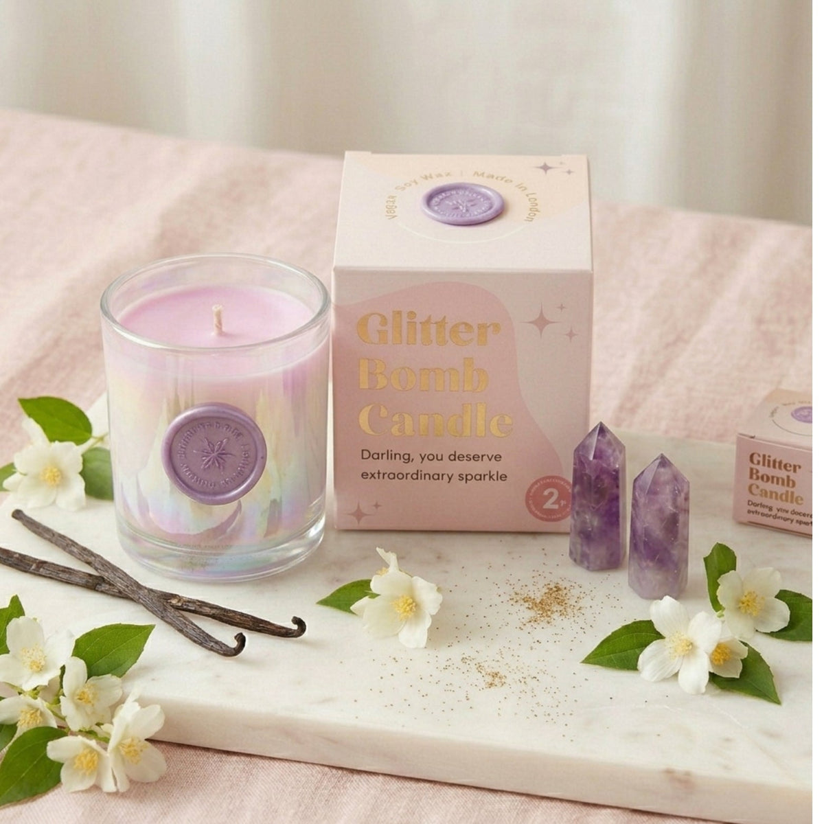 Pink Cosmos | Glitter Bomb™ Gift Candle Blackcurrant, Vanilla & Jasmine 280G BLOOMTINE | Earth Angel HQ
