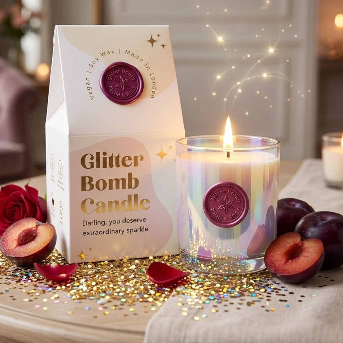 Plumphoria | Glitter Bomb™ Luxury Gift Candle In Plum & Rose 280G BLOOMTINE | Earth Angel HQ
