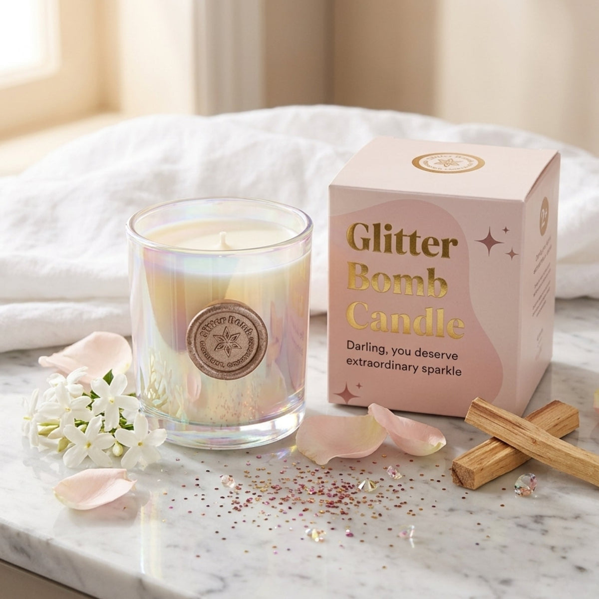 Sparkle-nova | Glitter Bomb™ Luxury Gift Candle in Bergamot, Cedar and Rose 280g BLOOMTINE | Earth Angel HQ