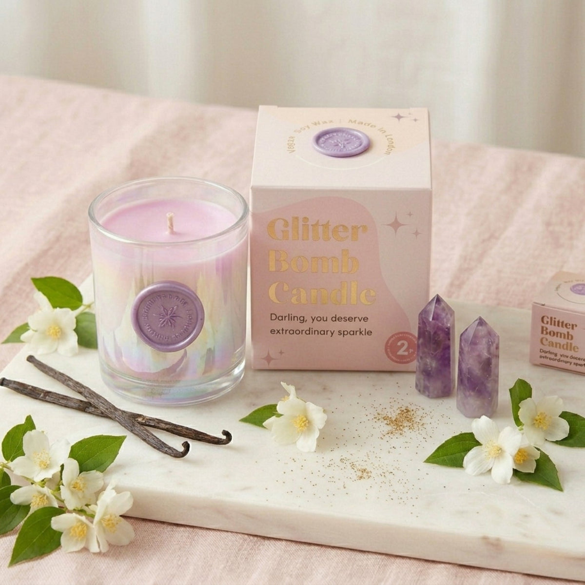 Pink Cosmos | Glitter Bomb™ Gift Candle Blackcurrant, Vanilla & Jasmine 280G BLOOMTINE | Earth Angel HQ