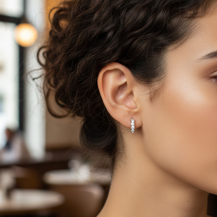 Close-up of a woman's ear with an earring, blurred indoor background