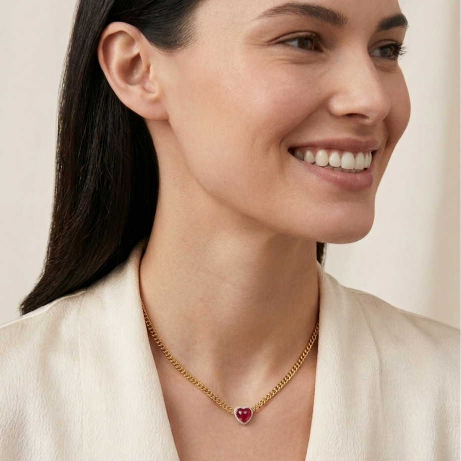 A close-up of a woman wearing a delicate gold chain necklace with a small red heart pendant, paired with a cream-colored blazer.