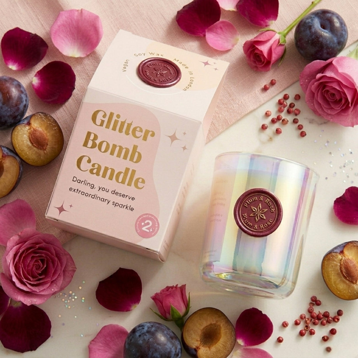 Plumphoria | Glitter Bomb™ Luxury Gift Candle In Plum & Rose 280G BLOOMTINE | Earth Angel HQ