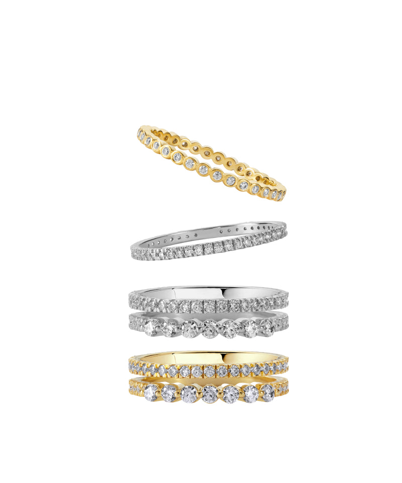 Bloomtine best-selling Gold and Silver stacking rings; a curated stack of gold vermeil and 925 sterling silver bands featuring textured and pavé eternity designs