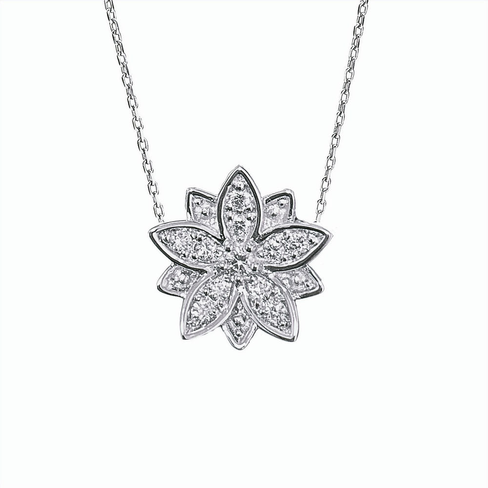 BLOOMTINE Eternal Bloom white gold necklace in 14K solid white gold. A 14mm diamond flower necklace featuring 11 brilliant VVS1 natural diamonds on an adjustable 15-16 inch chain