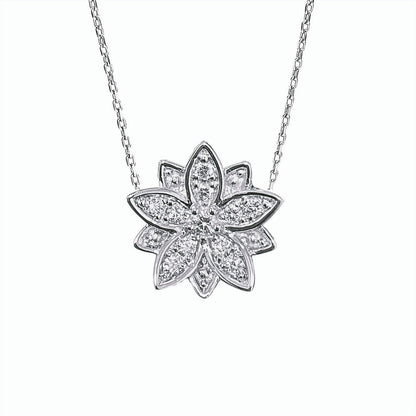BLOOMTINE Eternal Bloom white gold necklace in 14K solid white gold. A 14mm diamond flower necklace featuring 11 brilliant VVS1 natural diamonds on an adjustable 15-16 inch chain