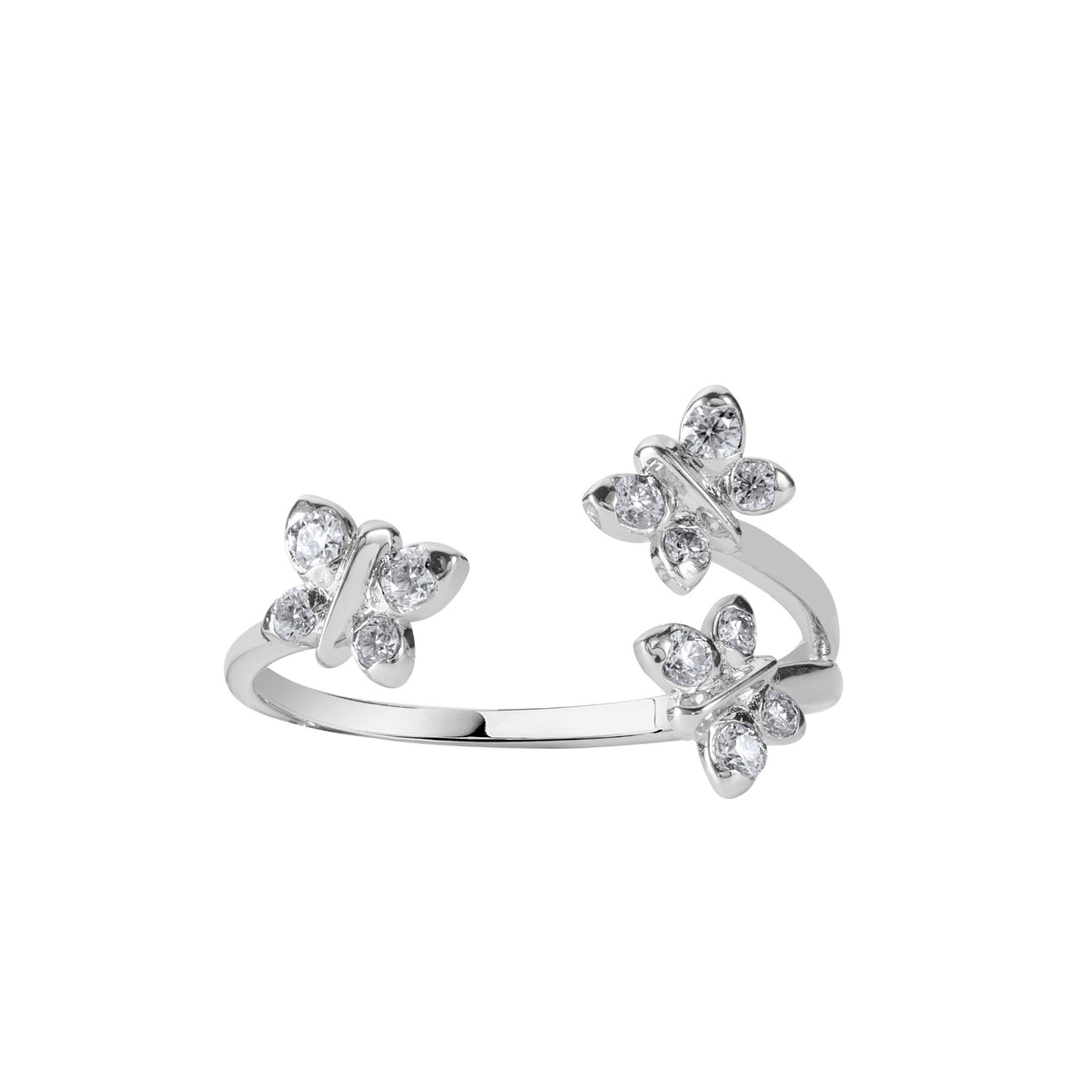 Silver butterfly ring with clear stones on a white background