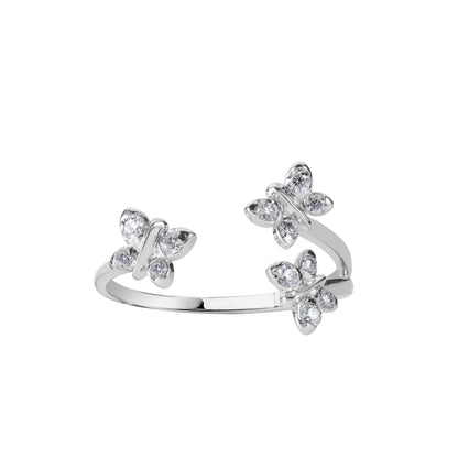 Silver butterfly ring with clear stones on a white background