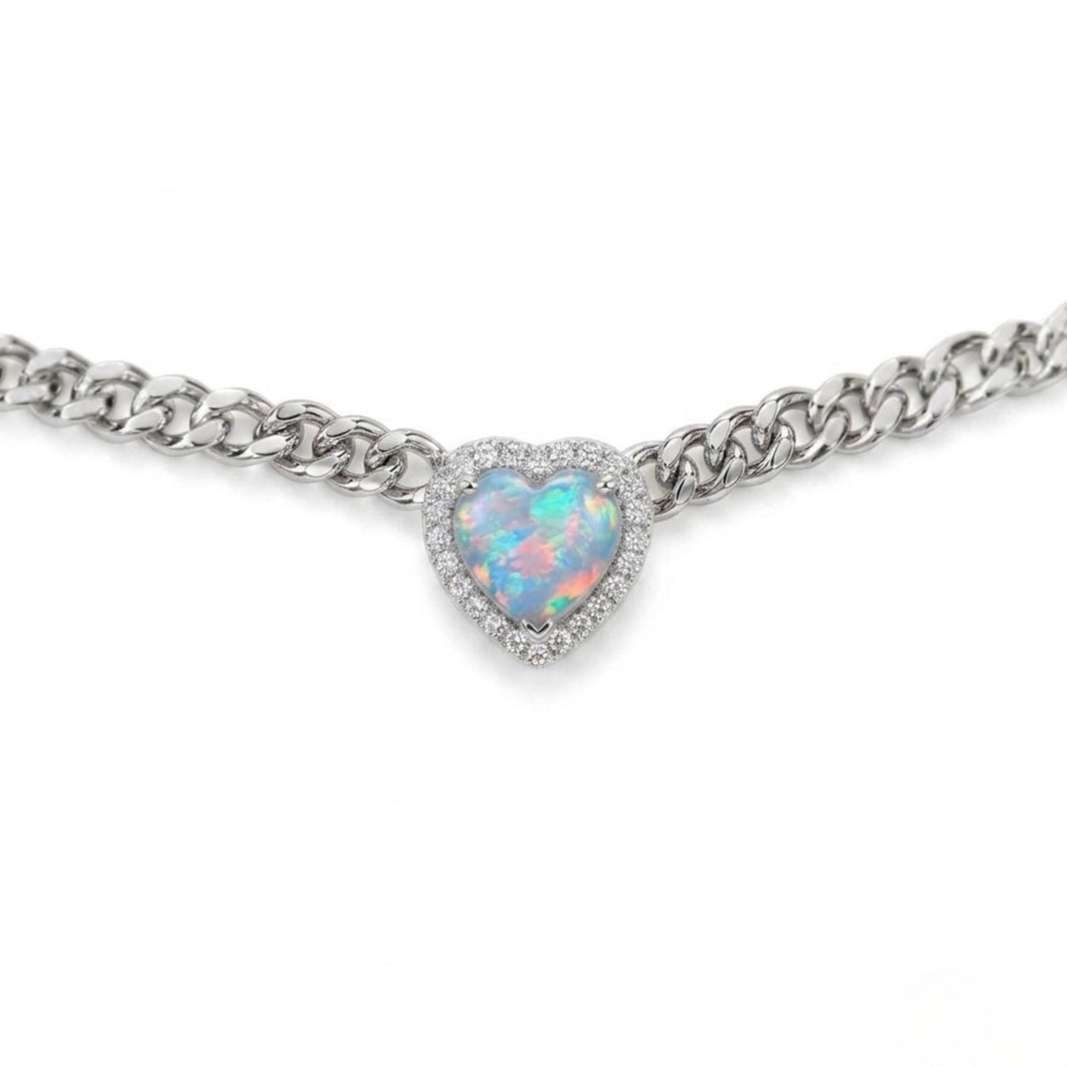 Necklace with a heart-shaped opal pendant on a white background