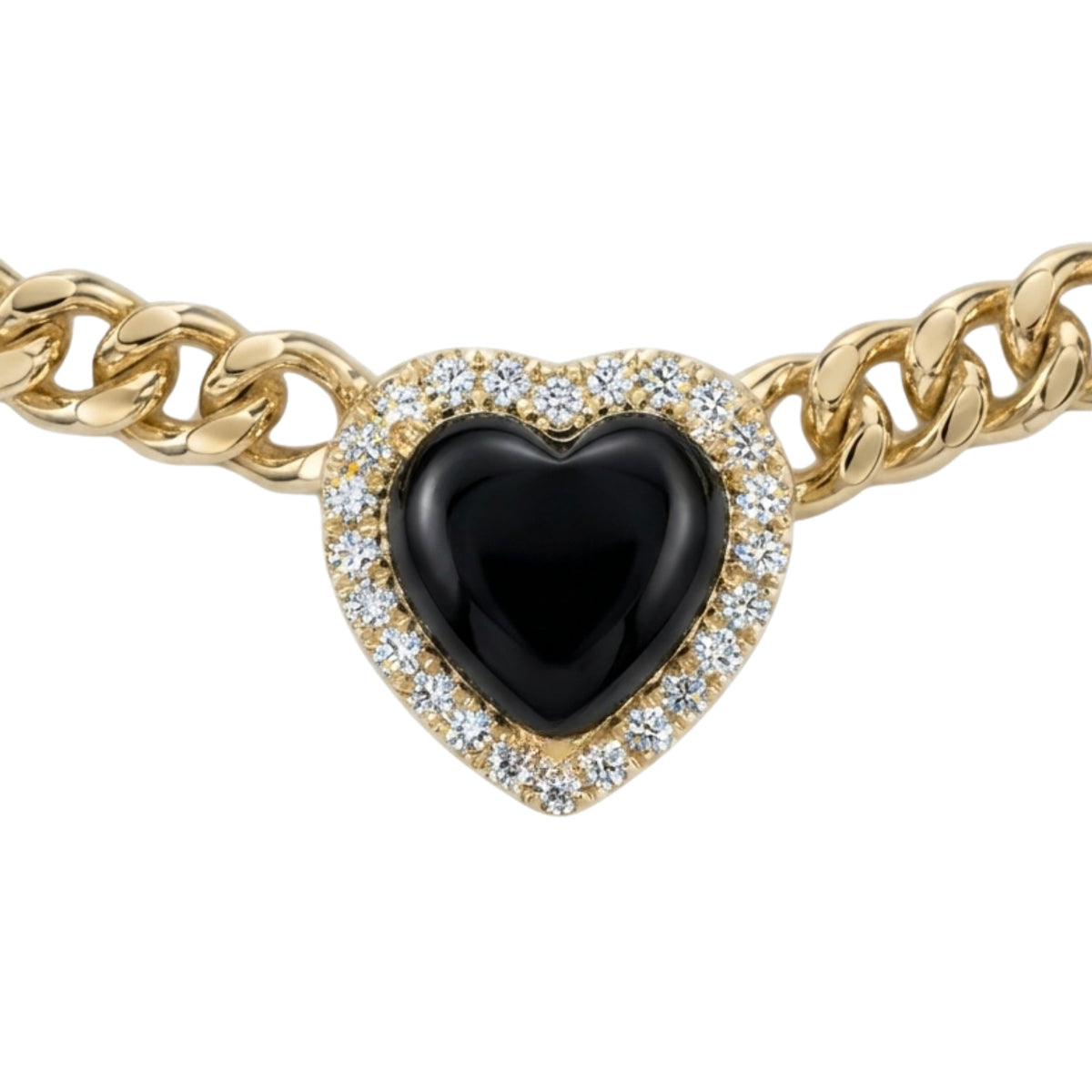A gold chain bracelet featuring a heart-shaped centerpiece with a glossy black center and a halo of small clear stones, shown on a plain white background.