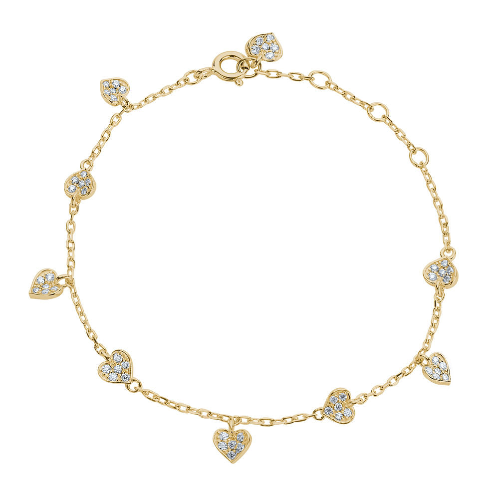 BLOOMTINE 'Choose Love' gold vermeil bracelet featuring nine moissanite hearts in varying rotations. An adjustable heart charm bracelet in 14K gold vermeil for women.