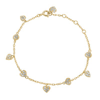BLOOMTINE 'Choose Love' gold vermeil bracelet featuring nine moissanite hearts in varying rotations. An adjustable heart charm bracelet in 14K gold vermeil for women.