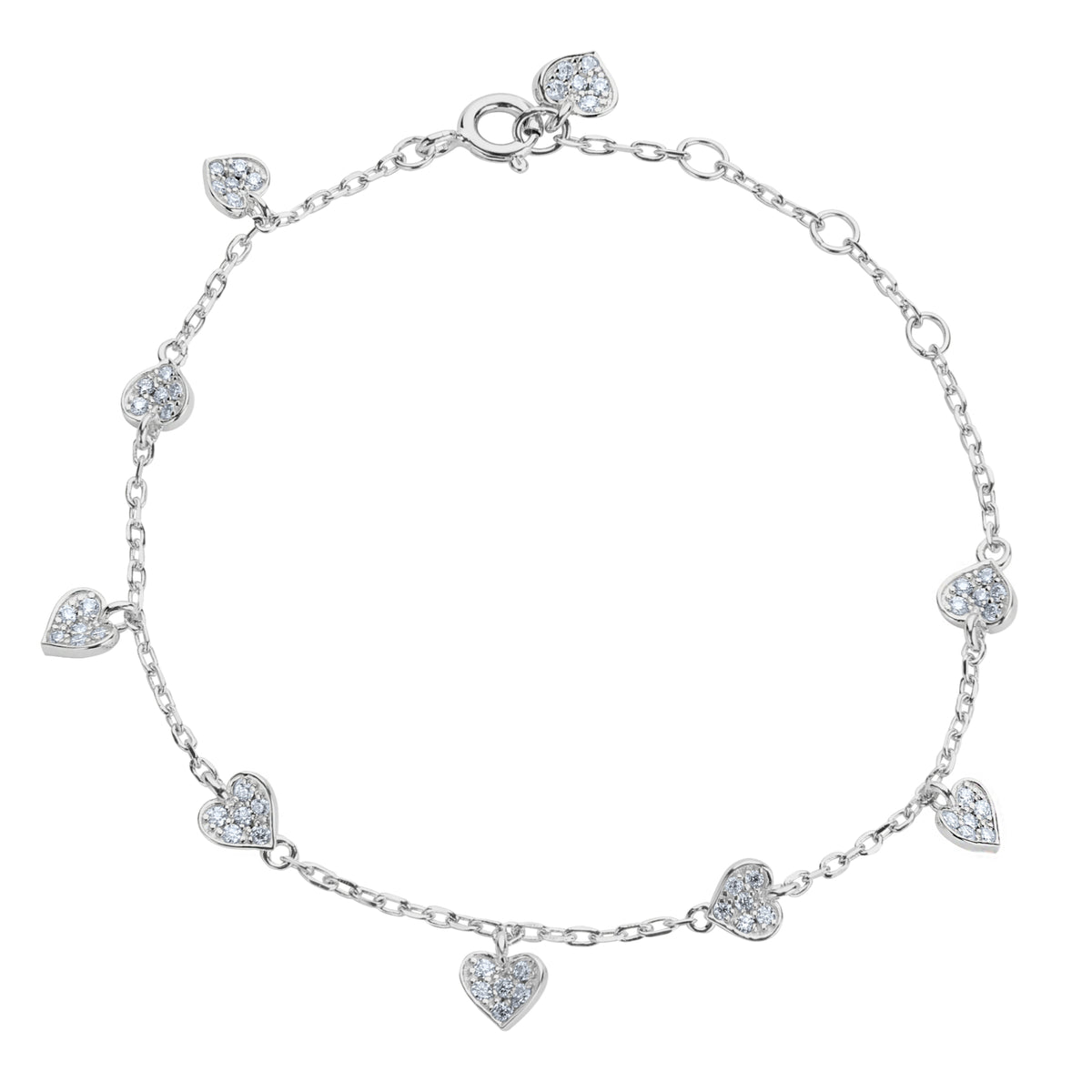 BLOOMTINE 'Choose Love' silver heart bracelet in rhodium-plated sterling silver. A sterling silver charm bracelet featuring nine moissanite hearts in varying rotations