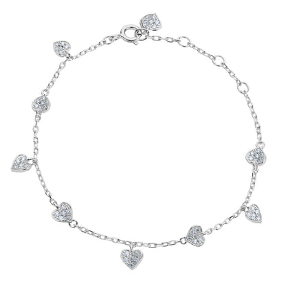 BLOOMTINE 'Choose Love' silver heart bracelet in rhodium-plated sterling silver. A sterling silver charm bracelet featuring nine moissanite hearts in varying rotations