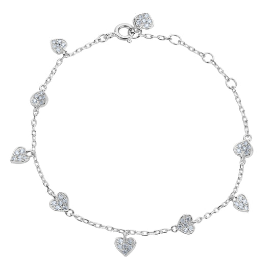BLOOMTINE 'Choose Love' silver heart bracelet in rhodium-plated sterling silver. A sterling silver charm bracelet featuring nine moissanite hearts in varying rotations