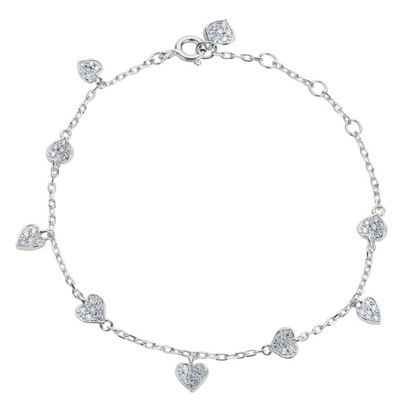 BLOOMTINE 'Choose Love' silver heart bracelet in rhodium-plated sterling silver. A sterling silver charm bracelet featuring nine moissanite hearts in varying rotations