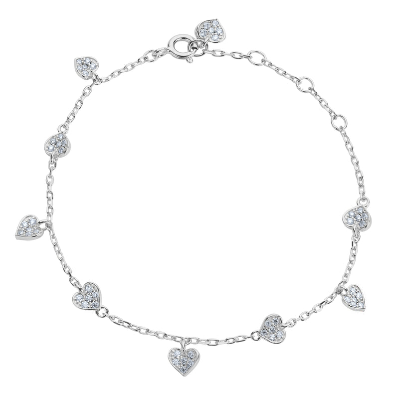 BLOOMTINE 'Choose Love' silver heart bracelet in rhodium-plated sterling silver. A sterling silver charm bracelet featuring nine moissanite hearts in varying rotations