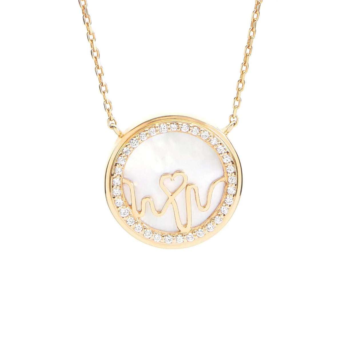 BLOOMTINE Earth Angel 18K yellow gold necklace featuring a 16mm circular mother of pearl pendant bordered by a halo of 33 round VS1 diamonds. A luxurious, meaningful gold gift
