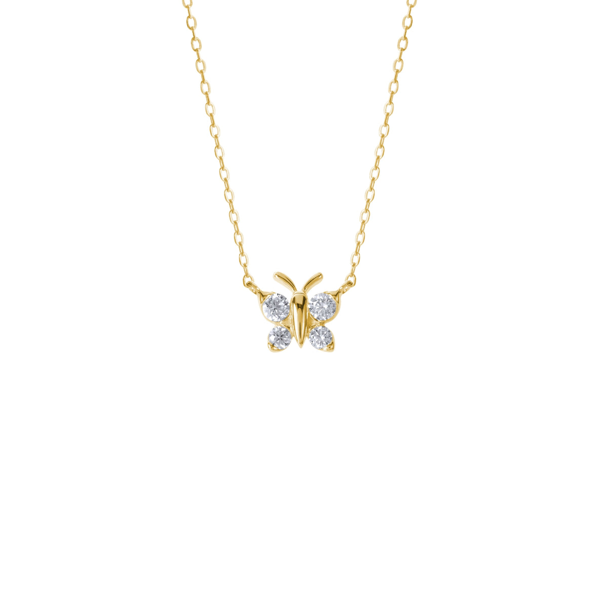 A BLOOMTINE Enchanting Flutterfly™ Necklace in 18k Gold Vermeil. This 9mm butterfly pendant features four brilliant-cut lab moissanites, designed as a symbolic talisman for transformation and resilience, shown on a clean white background to highlight its auric glow