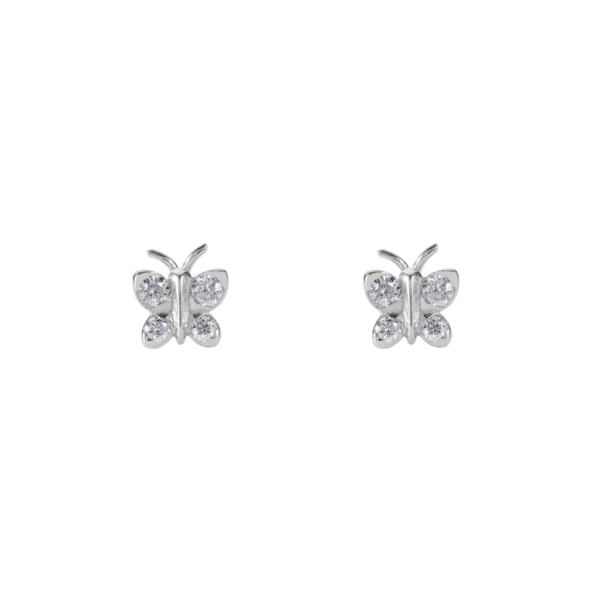 Butterfly-shaped earrings on a white background. Petite BLOOMTINE Enchanting Flutterfly™ Stud Earrings in 925 Sterling Silver. Each 5x5mm butterfly is set with four sustainable lab-grown moissanites, symbolizing transformation and resilience for a magnificent daily jewelry ritual
