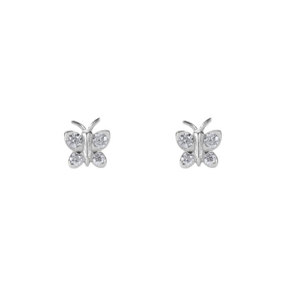 Butterfly-shaped earrings on a white background. Petite BLOOMTINE Enchanting Flutterfly™ Stud Earrings in 925 Sterling Silver. Each 5x5mm butterfly is set with four sustainable lab-grown moissanites, symbolizing transformation and resilience for a magnificent daily jewelry ritual