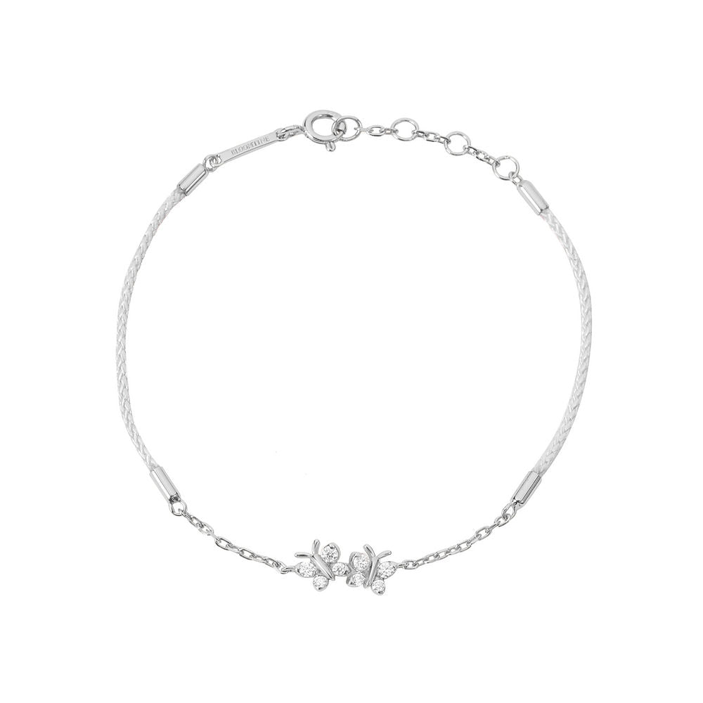 BLOOMTINE Enchanting Flutterfly silver butterfly bracelet in 925 sterling silver. A black silk cord bracelet featuring two iddy biddy moissanite butterflies designed as a luxury friendship bracelet. Enchanting Flutterfly™ (Butterfly) Sterling Silver Silk Cord Bracelet