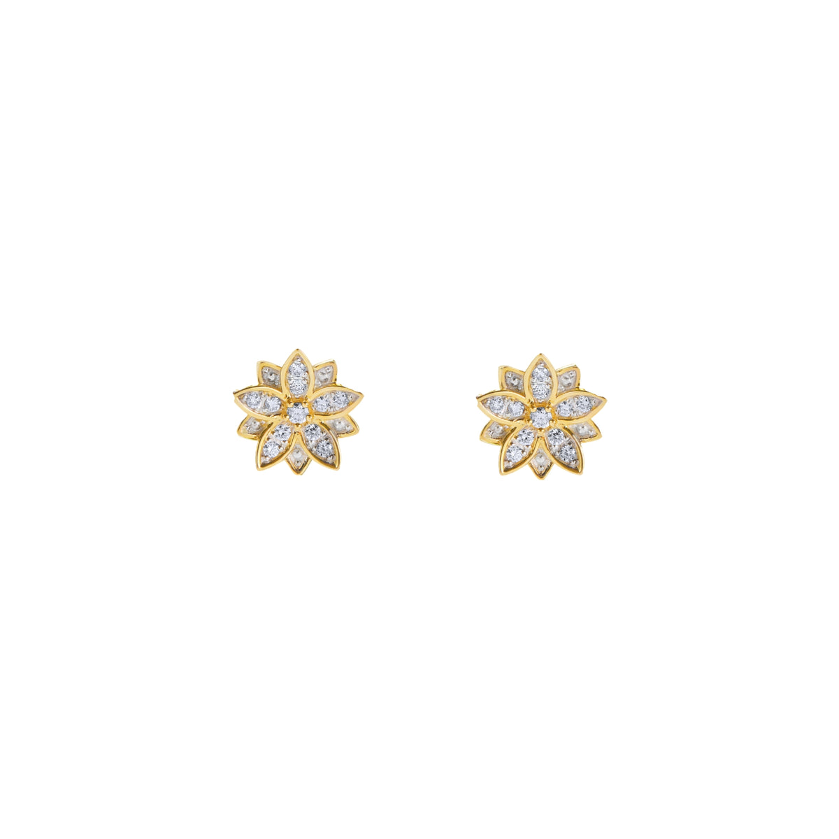Gold flower-shaped earrings with clear stones on a white background. Solid 14K yellow gold lotus earrings by BLOOMTINE with VS1 brilliant-cut diamonds. Featuring an 8mm architectural 3D design and secure butterfly backs, these hallmarked fine jewelry studs are the quintessential milestone gift for anniversaries and birthdays