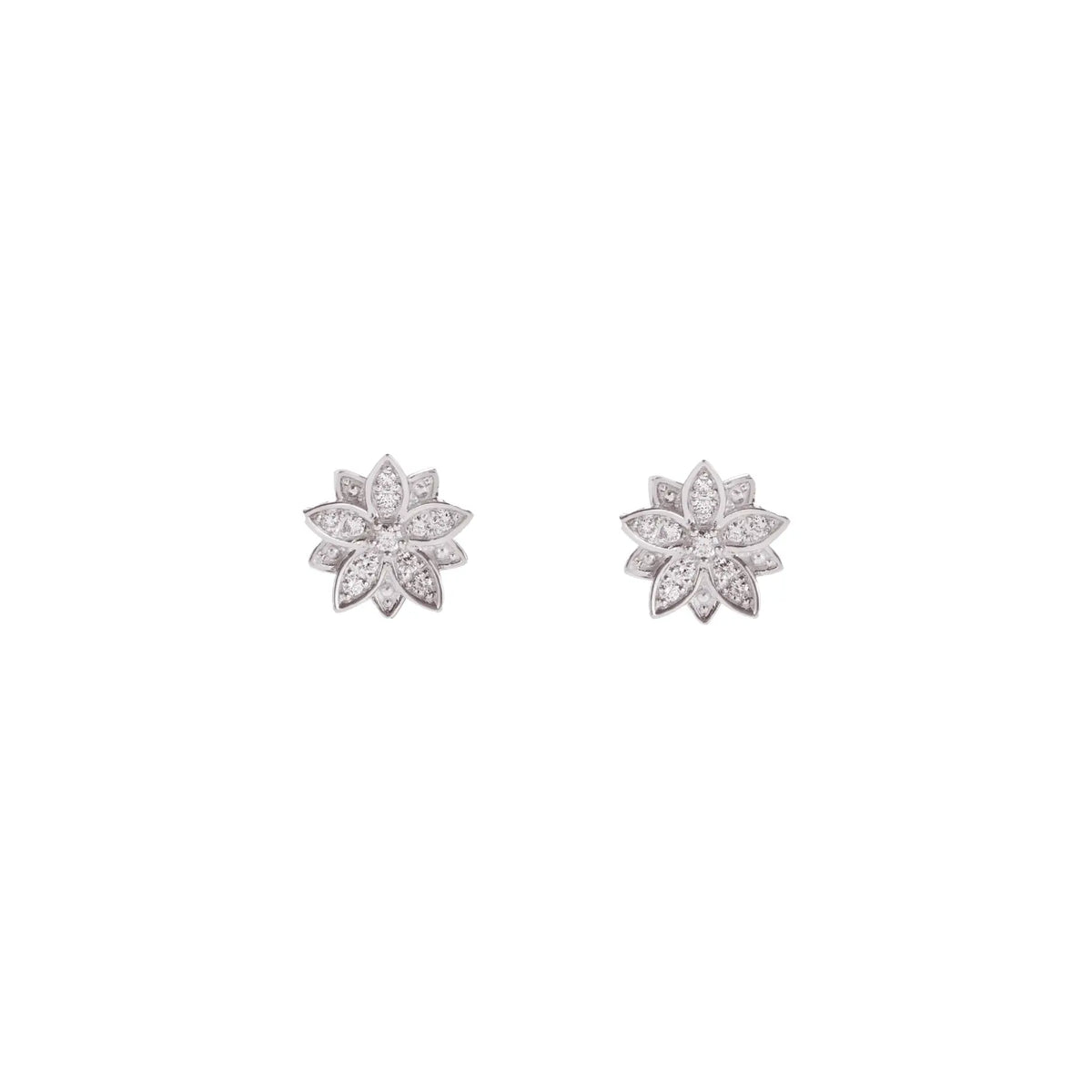 A macro close-up of the BLOOMTINE Eternal Bloom 14K white gold earrings. A pair of 3D layered diamond lotus earrings featuring 12 encrusted round VS1 diamonds with secure butterfly push backs.