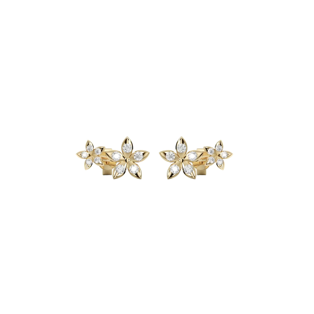 BLOOMTINE Eternal Bloom gold earrings featuring 11mm flower ear climbers in gold vermeil with moissanite accents. Elegant botanical gold earrings designed to curve along the earlobe
