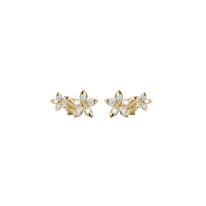 BLOOMTINE Eternal Bloom gold earrings featuring 11mm flower ear climbers in gold vermeil with moissanite accents. Elegant botanical gold earrings designed to curve along the earlobe