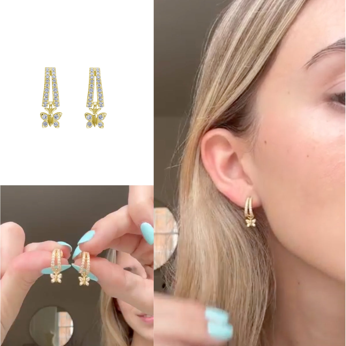 BLOOMTINE Enchanting Flutterfly™ Huggie Earrings in 18k Gold Vermeil. These symbolic butterfly charms, set with brilliant lab-grown moissanites, represent transformation and resilience, providing a mesmerizing sparkle that moves with the wearer