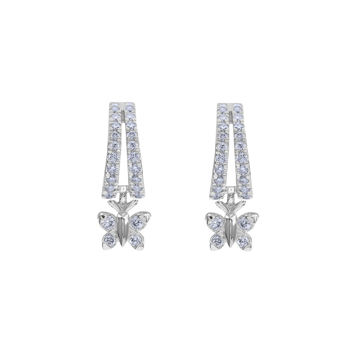 Enchanting Flutterfly™ Sterling Silver Butterfly Huggies image 6. Sterling silver butterfly huggie earrings by BLOOMTINE featuring sustainable lab-grown moissanites. These hypoallergenic, rhodium-plated hoops are a handcrafted talisman for 'extraordinary humans,' offering a high-brilliance, conflict-free alternative to diamond earrings