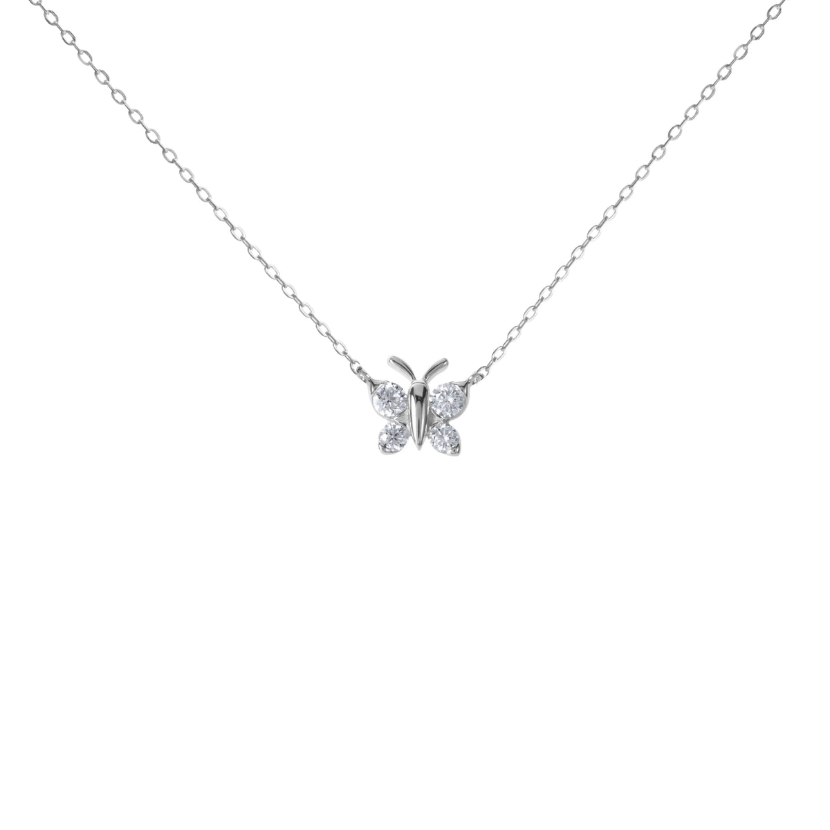 BLOOMTINE Flutterfly silver butterfly necklace in 925 sterling silver. A dainty 9mm moissanite pendant necklace with four sparkling stones on an adjustable chain. Enchanting Flutterfly™ Sterling Silver Butterfly Necklace BLOOMTINE | Earth Angel HQ