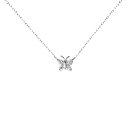 BLOOMTINE Flutterfly silver butterfly necklace in 925 sterling silver. A dainty 9mm moissanite pendant necklace with four sparkling stones on an adjustable chain. Enchanting Flutterfly™ Sterling Silver Butterfly Necklace BLOOMTINE | Earth Angel HQ