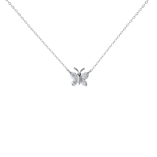 BLOOMTINE Flutterfly silver butterfly necklace in 925 sterling silver. A dainty 9mm moissanite pendant necklace with four sparkling stones on an adjustable chain. Enchanting Flutterfly™ Sterling Silver Butterfly Necklace BLOOMTINE | Earth Angel HQ