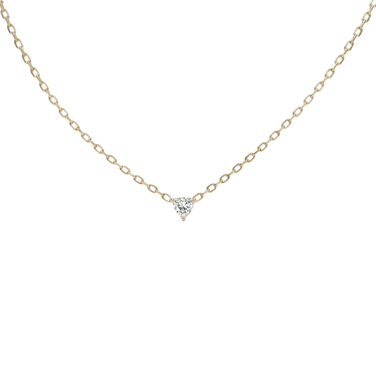 BLOOMTINE Illuminess gold vermeil necklace featuring a 4.5mm trillion cut moissanite. A trillion cut necklace with a hidden heart setting on the back as a meaningful gold pendant