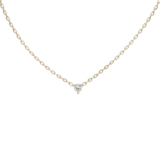 BLOOMTINE Illuminess gold vermeil necklace featuring a 4.5mm trillion cut moissanite. A trillion cut necklace with a hidden heart setting on the back as a meaningful gold pendant