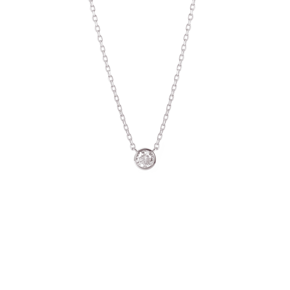 BLOOMTINE 6mm single stone solitaire necklace crafted from high-quality sterling silver and plated in precious white rhodium. This sustainable lab-moissanite necklace offers a diamond-equivalent sparkle and is designed as a captivating 'goddess staple' for everyday elegance