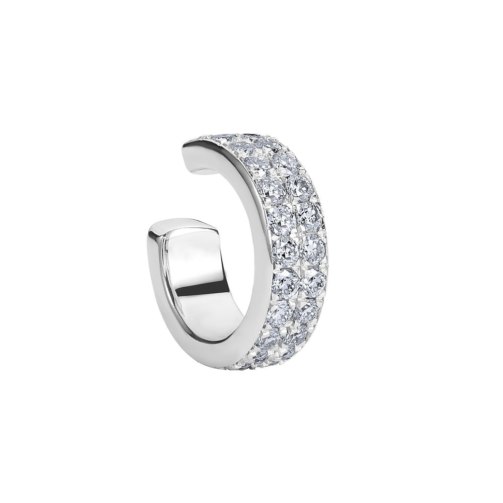 The BLOOMTINE Illuminess™ Double Ear Cuff in White Rhodium-plated Sterling Silver. This 'no-piercing' moissanite cuff features a double-row sparkle design and a secret 'You are Magic' interior engraving, perfect for an effortless and adjustable celestial ear stack
