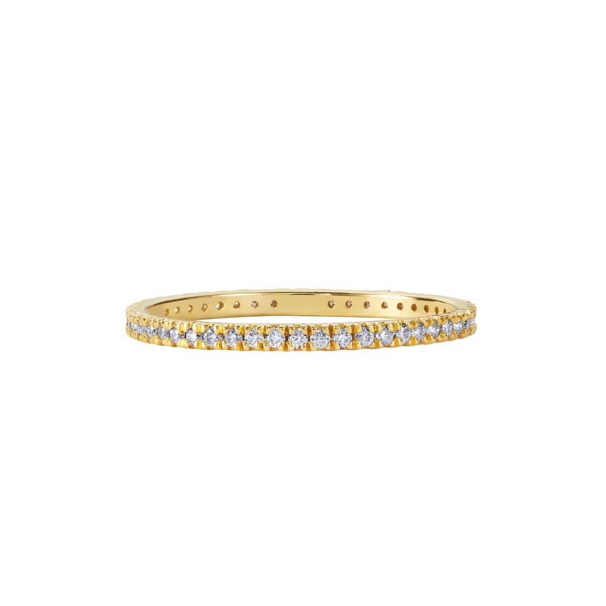 Illuminess™ Gold Vermeil French Pave Eternity Stacking Ring BLOOMTINE | Earth Angel HQ. BLOOMTINE Illuminess gold eternity ring in 14K gold vermeil. A 1.2mm gold stacking ring featuring French Pavé moissanites. Tarnish-resistant and ethical gold vermeil jewelry