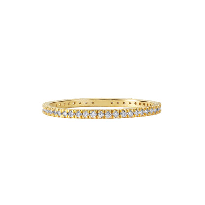 Illuminess™ Gold Vermeil French Pave Eternity Stacking Ring BLOOMTINE | Earth Angel HQ. BLOOMTINE Illuminess gold eternity ring in 14K gold vermeil. A 1.2mm gold stacking ring featuring French Pavé moissanites. Tarnish-resistant and ethical gold vermeil jewelry