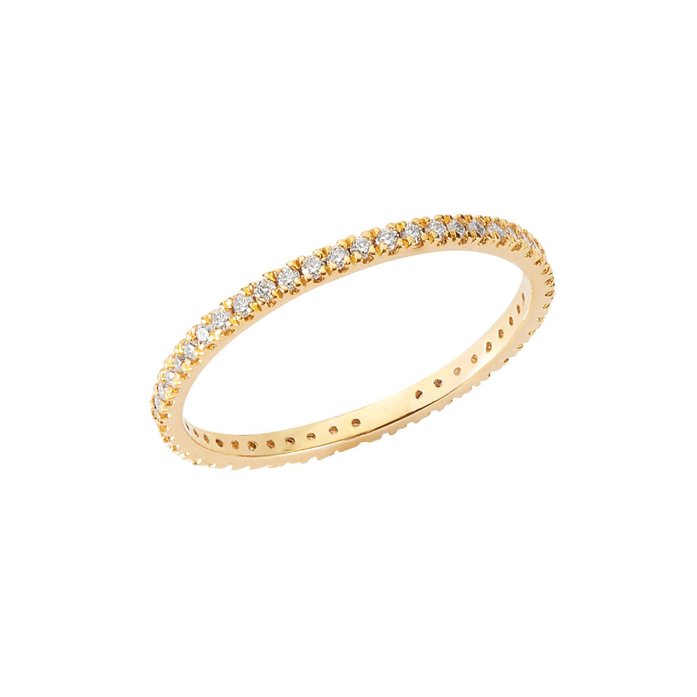 Illuminess™ Gold Vermeil French Pave Eternity Stacking Ring. BLOOMTINE Illuminess gold eternity ring in 14K gold vermeil. A 1.2mm gold stacking ring featuring French Pavé moissanites. Tarnish-resistant and ethical gold vermeil jewelry
