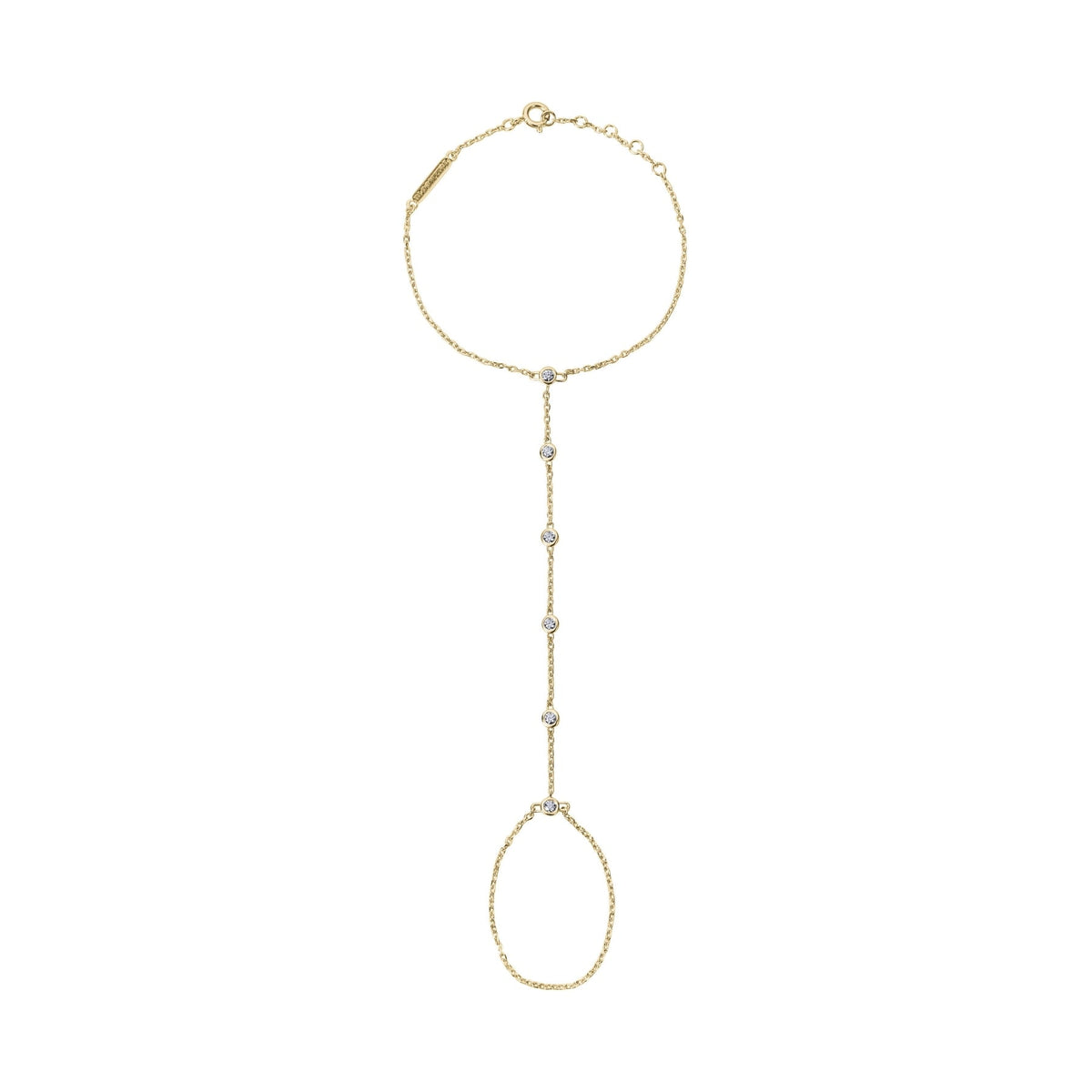 BLOOMTINE Illuminess gold vermeil hand chain set with ultra-sparkly lab-grown moissanite. A dainty 14K gold plated moissanite finger bracelet and hand harness accessory