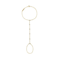 BLOOMTINE Illuminess gold vermeil hand chain set with ultra-sparkly lab-grown moissanite. A dainty 14K gold plated moissanite finger bracelet and hand harness accessory